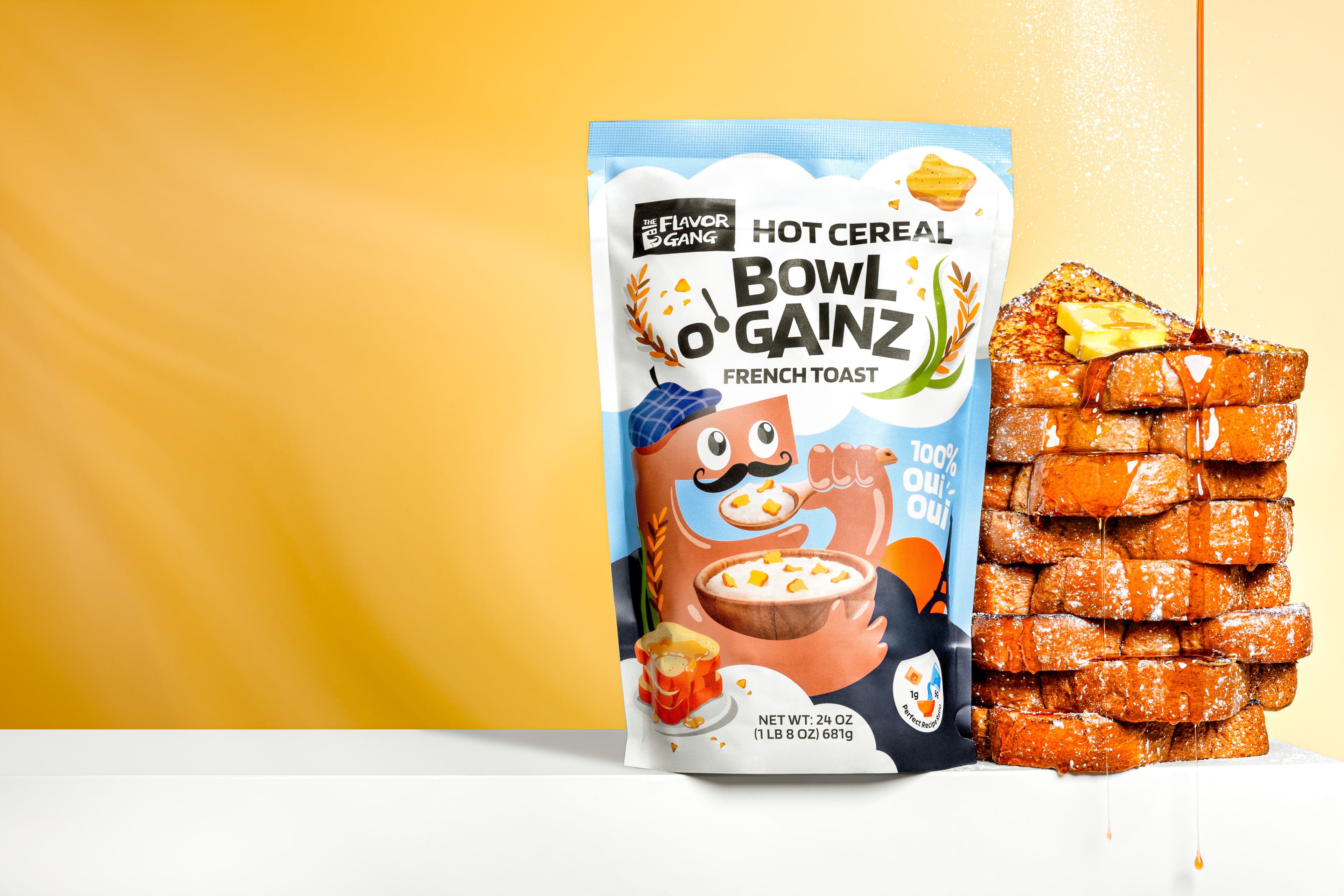 Bowl O’ Gainz French Toast hot cereal pouch beside a stack of golden French toast topped with butter, powdered sugar, and dripping maple syrup on a warm yellow background.