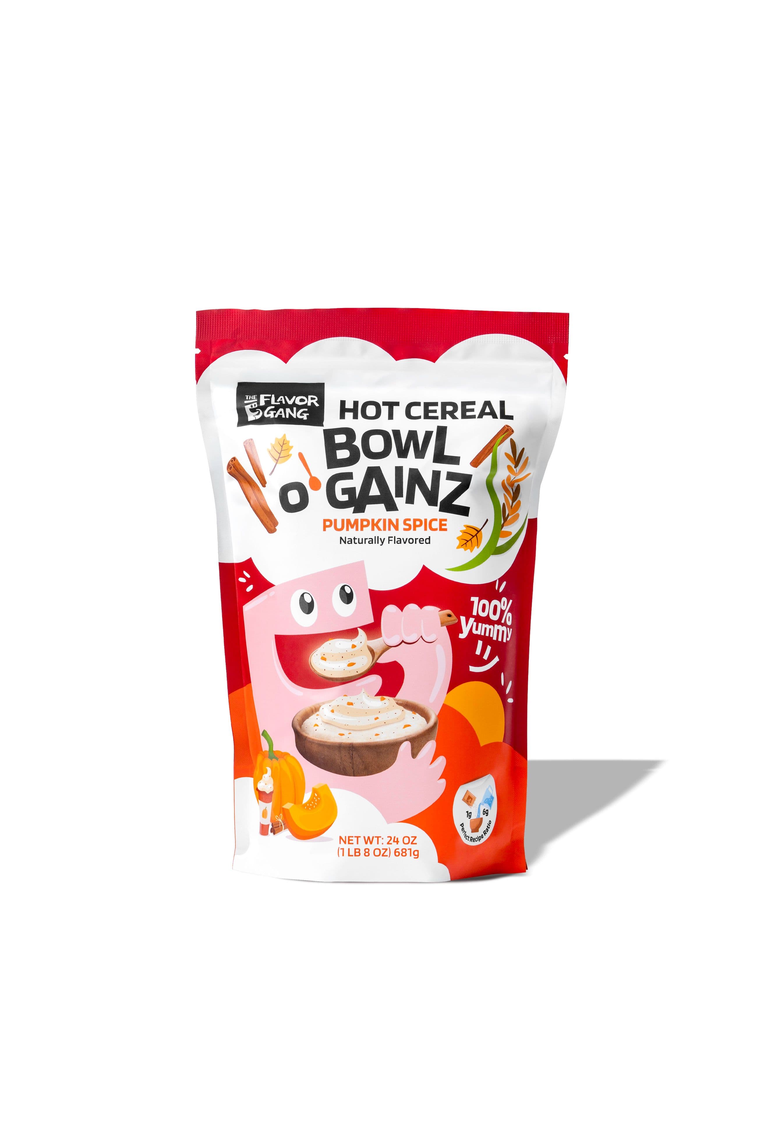 Bowl O’ Gainz Pumpkin Spice hot cereal pouch featuring fall-inspired pumpkin and cinnamon artwork on a white background.